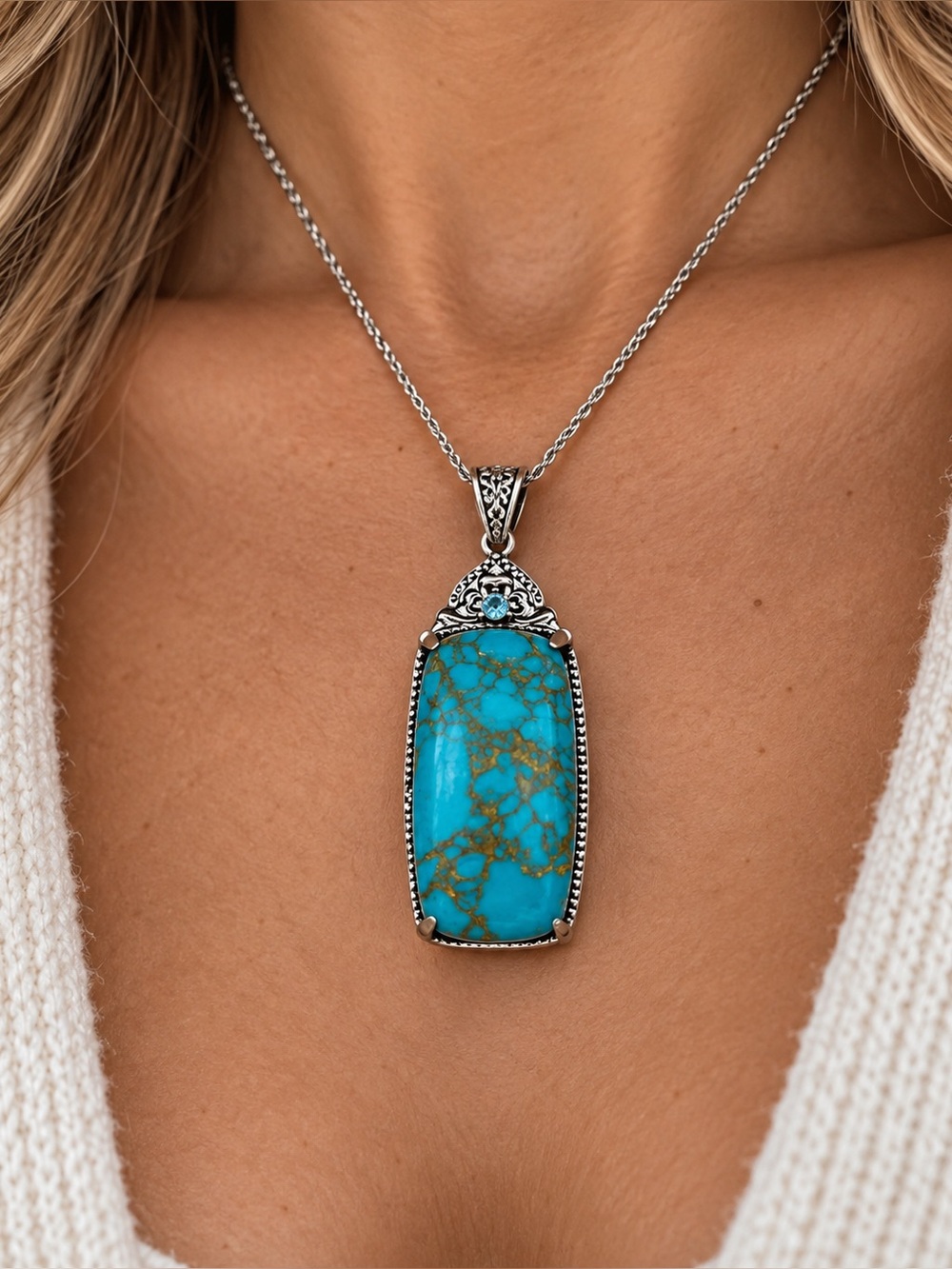 Genuine Blue Turquoise & Blue Topaz Pendant -